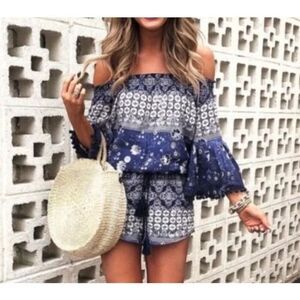 Anthropologie RAGA Off Shoulder‎ Boho Pompom Romper Blue XS